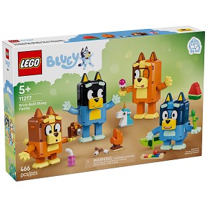 Front packaging art view for the brand new LEGO Bluey 11217 BrickBuilt Bluey Family Damaged Box. 