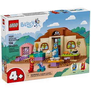 Front packaging art view for the brand new LEGO Bluey 11221 School with Rusty and Bluey. 