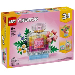 Front packaging art view for the brand new LEGO Creator 31383 Floral Decor Perfume Bottle. 