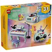 Back packaging art showcasing play features and model details for the LEGO Creator 31392 Music Decor Piano with Cat. 