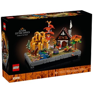 Front packaging art view for the brand new LEGO Icons 11372 Autumn Cottage Garden. 