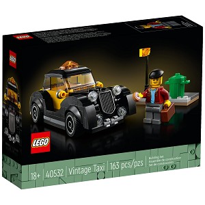 Front packaging art view for the brand new LEGO Icons 40532 Vintage Taxi. 