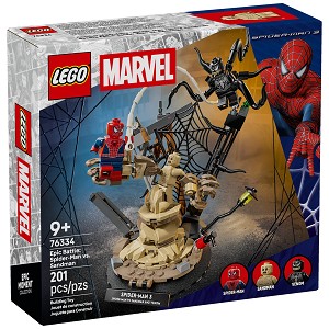 Front packaging art view for the brand new LEGO Super Heroes Marvel 76334 Epic Battle SpiderMan vs Sandman. 
