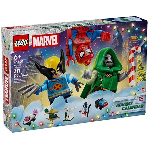 Front packaging art view for the brand new LEGO Super Heroes Marvel 76340 Advent Calendar 2026. 