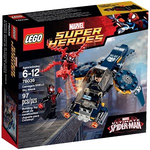 Additional product catalog view highlighting the features of the LEGO Super Heroes Marvel 76036 Carnages Shield Sky Attack SOLD OUT. 