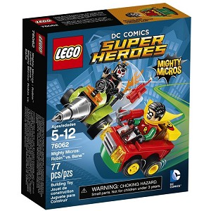 Additional product catalog view highlighting the features of the LEGO Super Heroes DC Comics 76062 Mighty Micros Robin vs Bane SOLD OUT. 