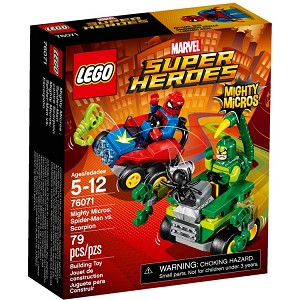 Additional product catalog view highlighting the features of the LEGO Super Heroes Marvel 76071 Mighty Micros SpiderMan vs Scorpion SOLD OUT SOLD OUT. 